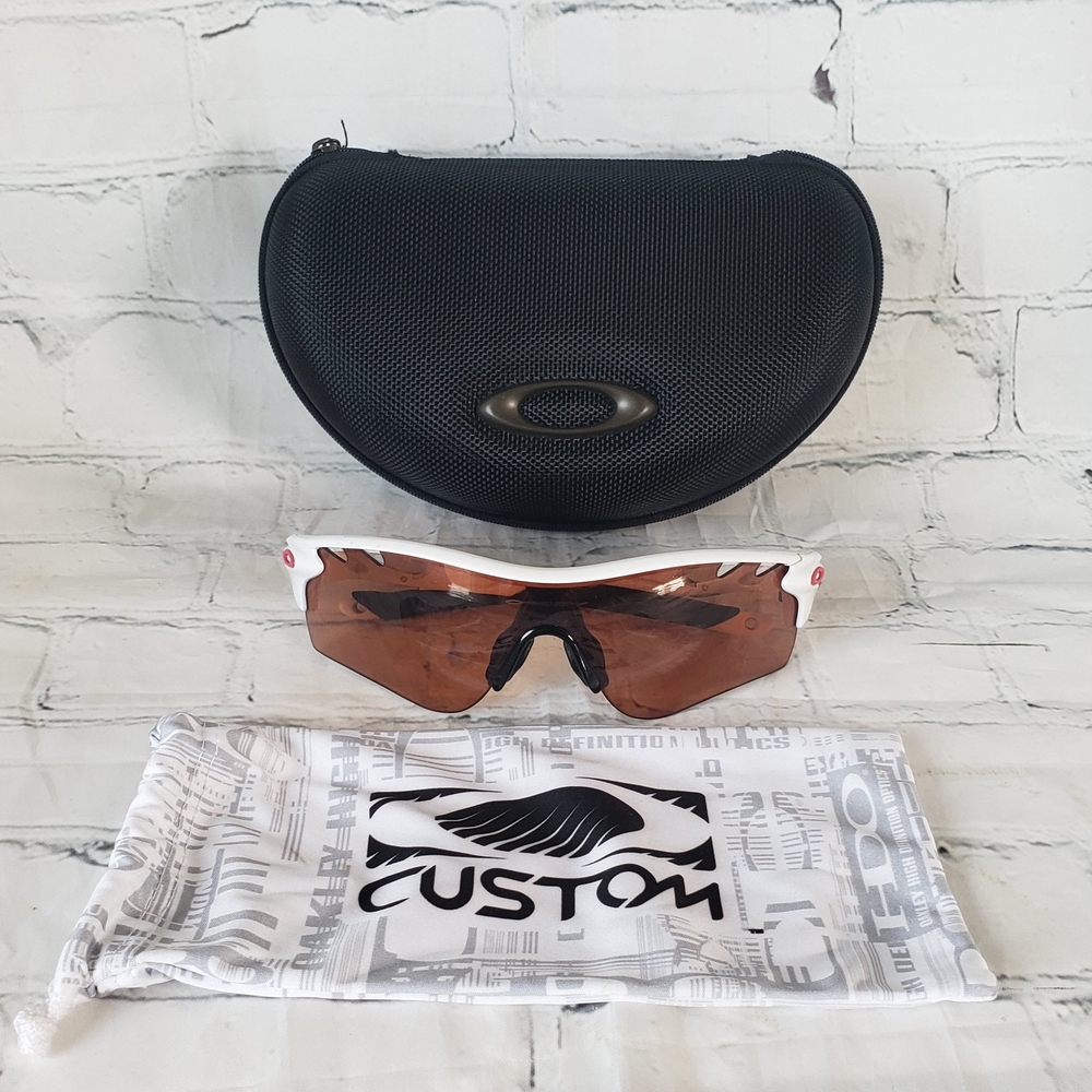 Custom Oakley Radarlock sunglasses - black/white frame with magenta pink logo